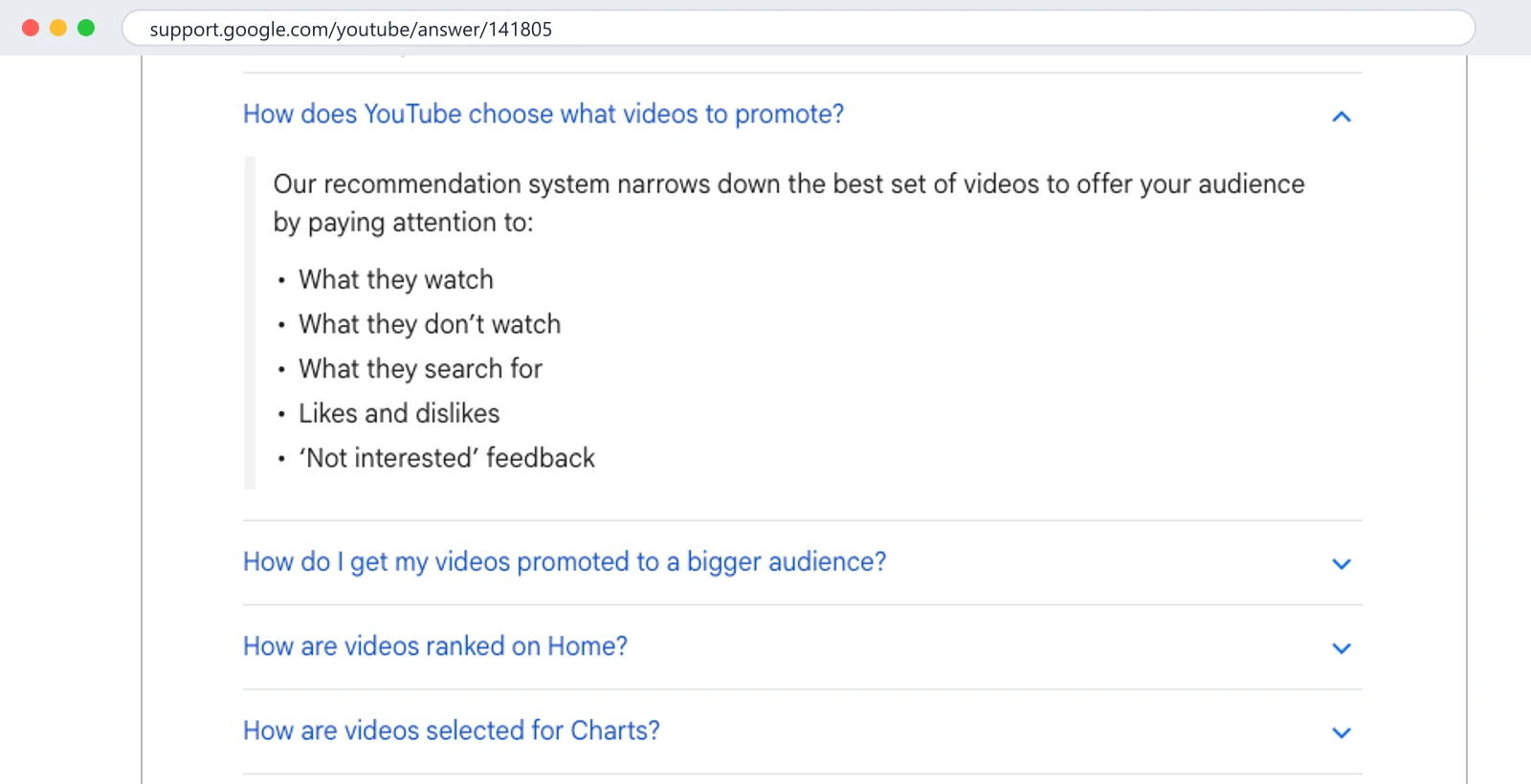 YouTube's performance FAQ, 17 October 2026. The five things the recommendation system pays attention to. Comments are not among them. Click to enlarge.