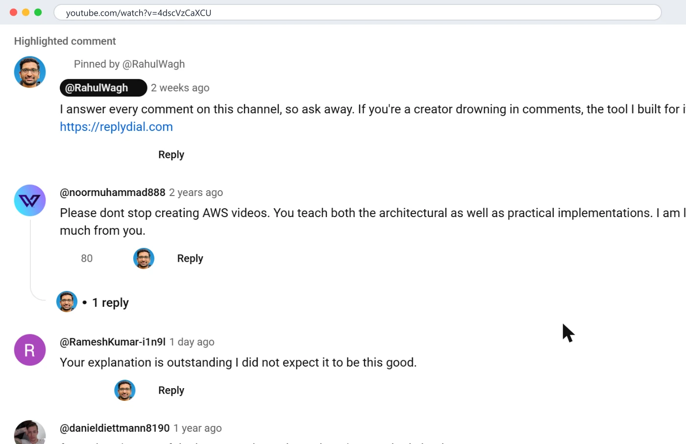 The EC2 course on 19 October 2026: my pinned product plug, two weeks old, no likes, directly above a two-year-old viewer comment with 80 likes asking me not to stop making AWS videos. The audience told me what to pin; I pinned something else. Click to enlarge.