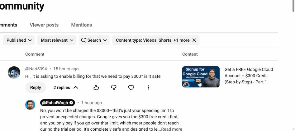Studio, Comments. A typical one from this week: is it safe to enable billing on the Google Cloud trial? A real question that deserves a real answer.