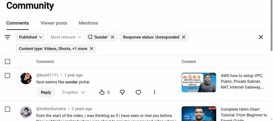 A search for 'Sundar' in my own comments. Five comments across two years saying I look like Sundar Pichai, one with 24 likes. All unanswered until recently.