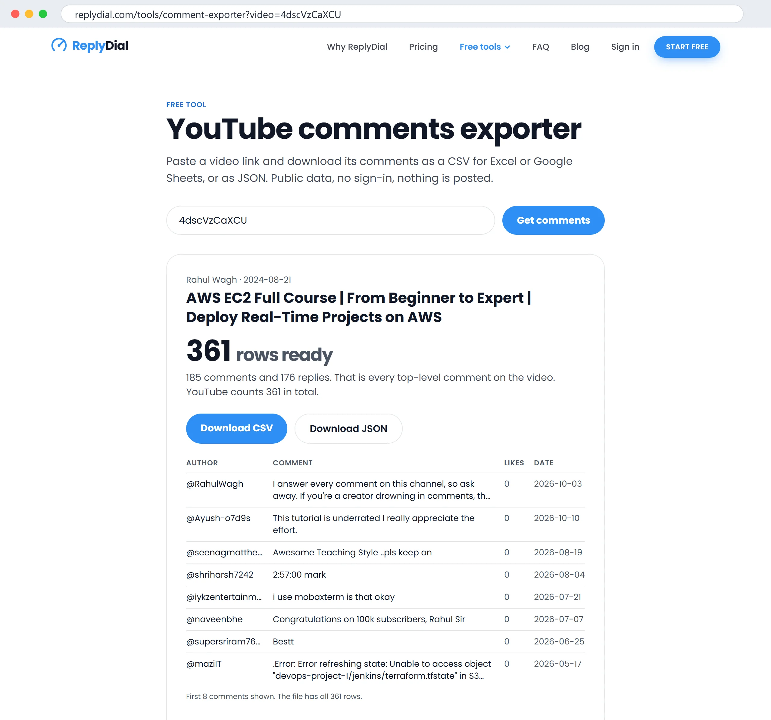 The free exporter with my EC2 course video, 18 October 2026: 200 comments with replies as a CSV. The list of video ideas is in column F. Click to enlarge.