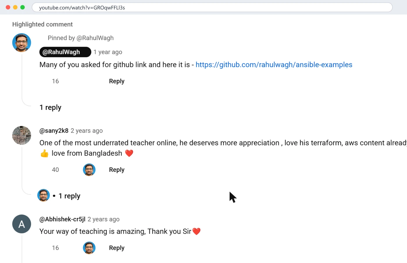 The Ansible course on 19 October 2026: the pinned GitHub link at 16 likes, a 40-like compliment that names two other topics, and a 16-like thank-you. Three like counts, three different things they are telling me. Click to enlarge.