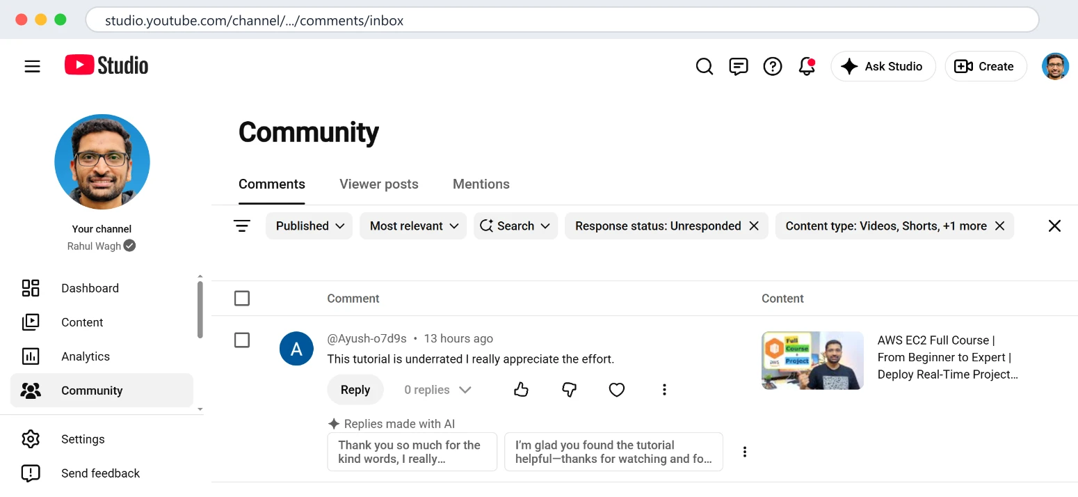 My Studio inbox on 11 October 2026 with the filter Response status: Unresponded. One comment, 13 hours old. Studio now also offers two replies made with AI under it.