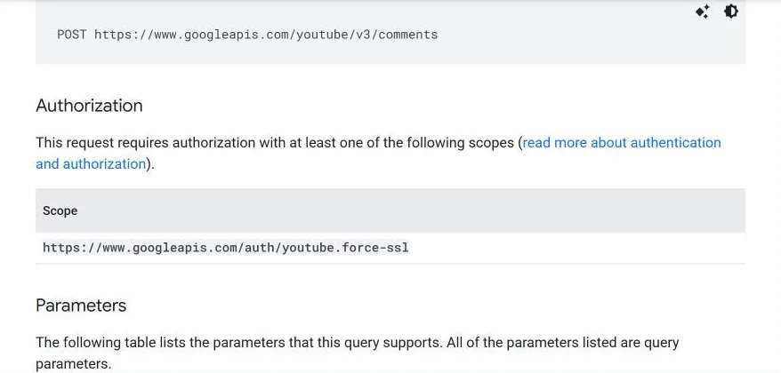 Google's reference page for comments.insert. One scope in the table, and it is youtube.force-ssl.