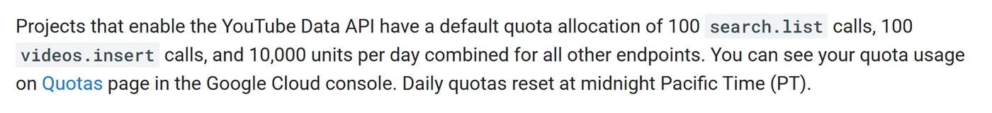 Google's quota page, 9 October 2026. The default is 10,000 units a day for all endpoints combined, with separate daily buckets for search and uploads.
