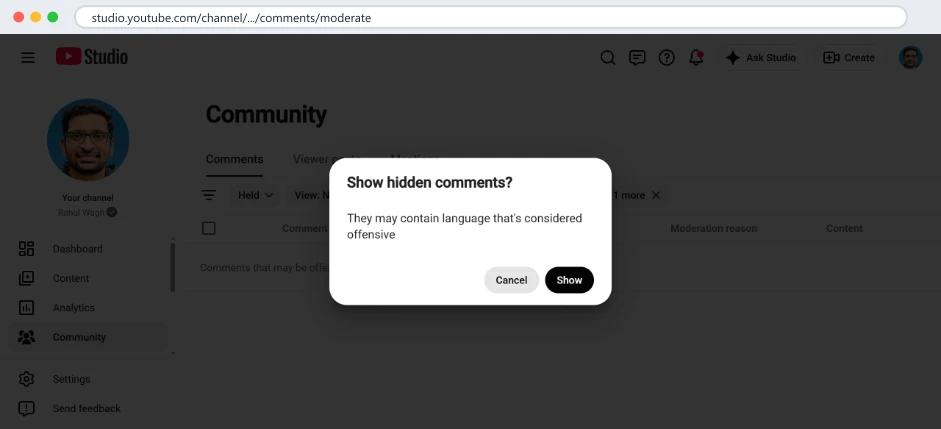 My Studio Held view, 11 October 2026. The one abusive comment of the month, held by the filter, behind a button and a confirmation. I read it once, took the point, and left it there.