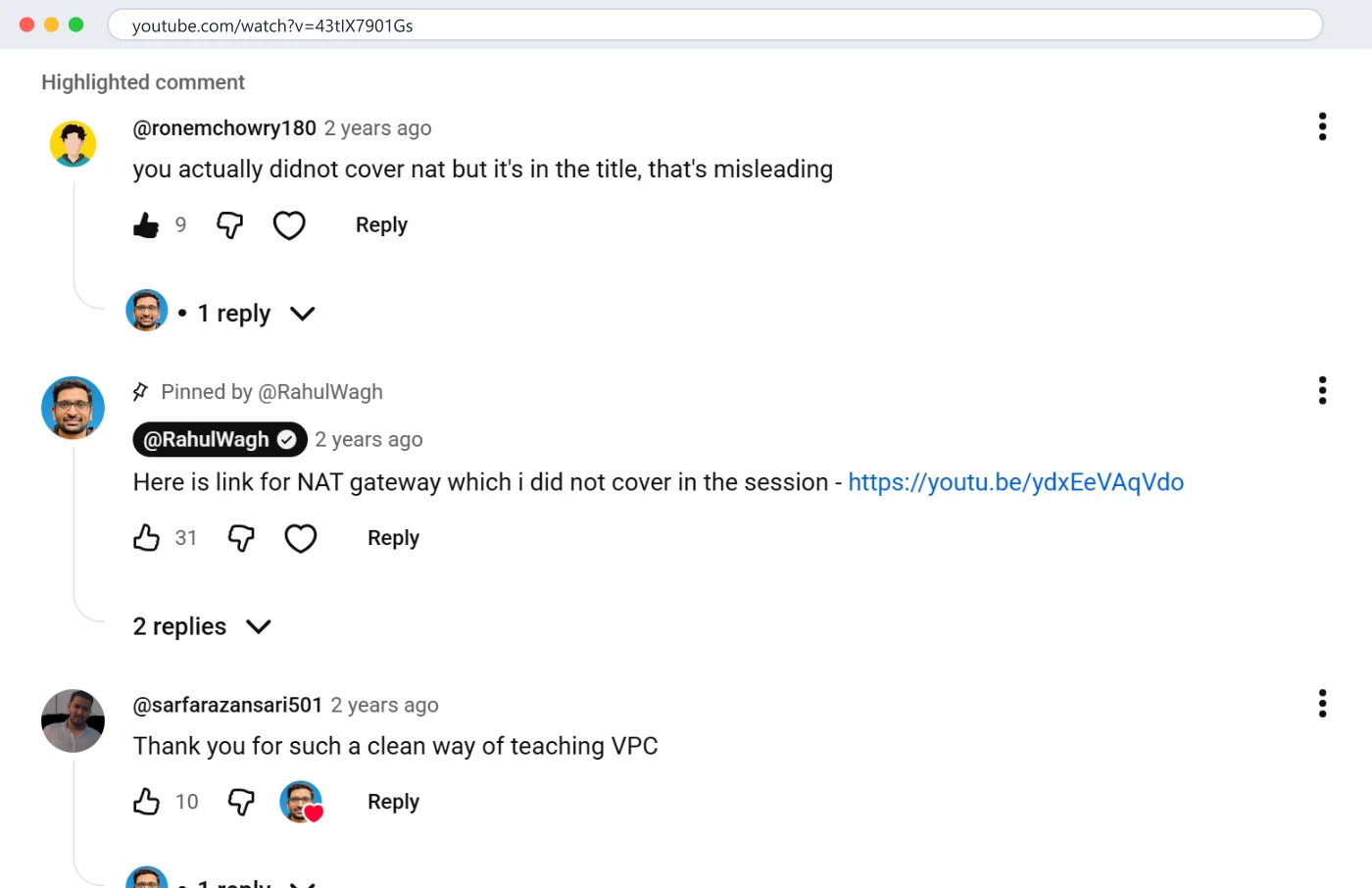 The thread on my VPC video, 13 October 2026: the complaint at 9 likes, the pinned reply with the missing link at 31. The comment that hurt most produced the most useful thing on the page. Click to enlarge.