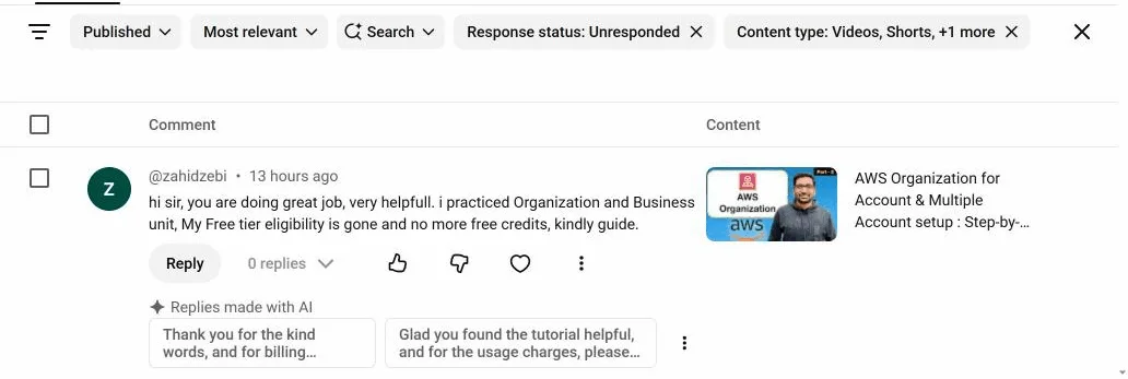 A viewer asks what to do now that his AWS free tier credits are gone. Studio suggests: "Thank you for the kind words, and for billing…" and "Glad you found the tutorial helpful…". Polite. Not an answer.