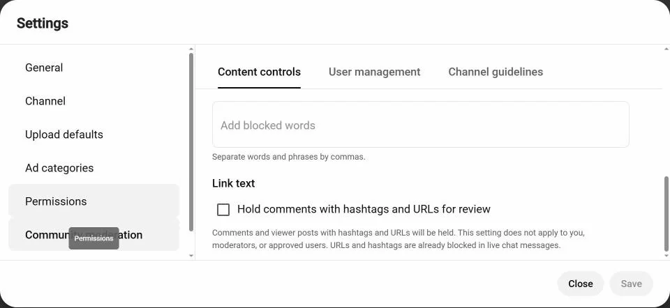 Content controls on my channel. Blocked words: empty. Hold comments with hashtags and URLs: unchecked. After nearly seven years. I only noticed while taking this screenshot.