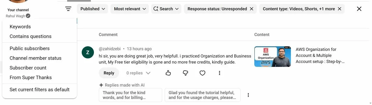 The full filter list in Studio right now: Keywords, Contains questions, Public subscribers, Channel member status, Subscriber count, From Super Thanks, and a button to make your current filters the default.