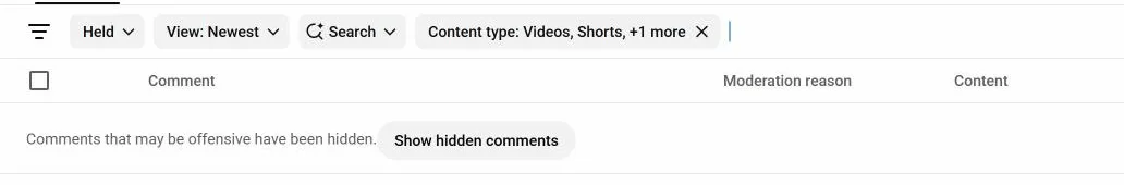 My Held queue this week. Empty, apart from the ones Studio hides behind the Show hidden comments button.