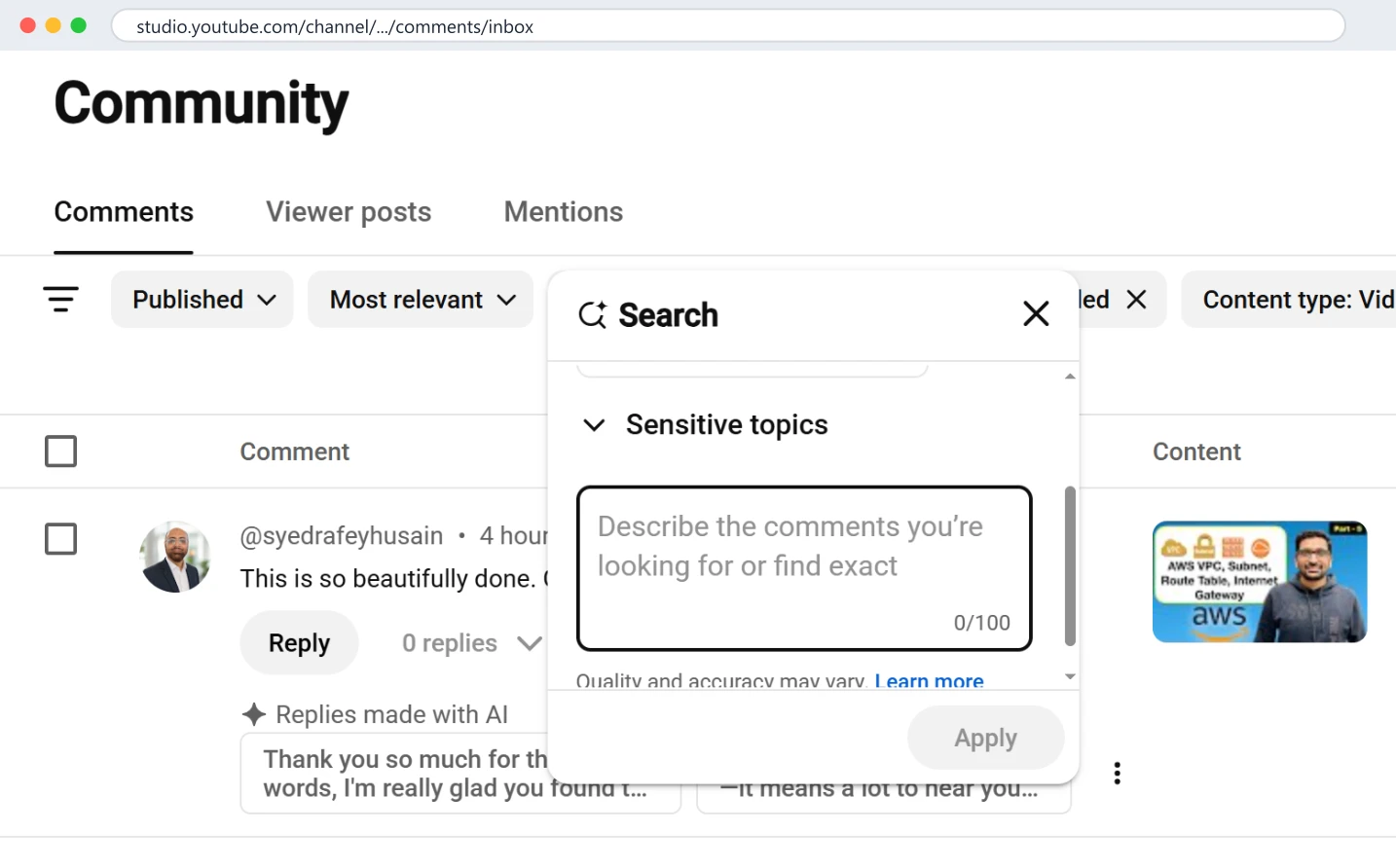 Studio's Search chip on 14 October 2026: suggested searches, a free-text description box, and a note that quality and accuracy may vary. An applied search is a filter like any other.